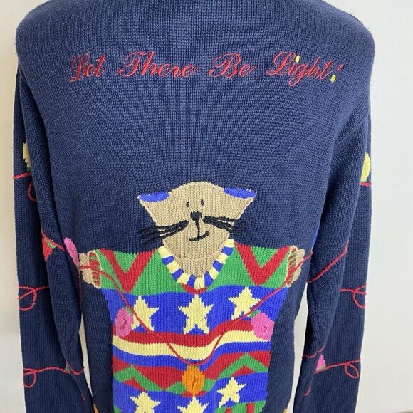 Vintage Quacker Factory Cat Holiday Christmas Light Sweater Cardigan Blue Medium - Picture 6 of 12